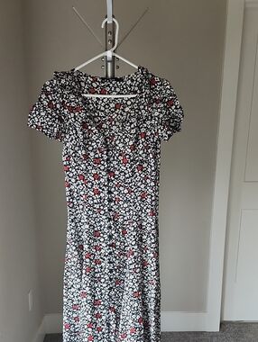 Ralph Lauren Black Midi Dress with White and Red Floral Print